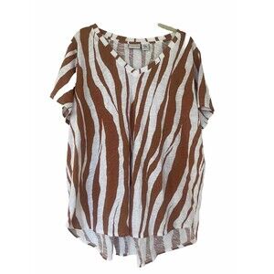 Rachel Zoe Women’s 100% Cotton Top V-Neck White Brown Animal Print Size 2X
